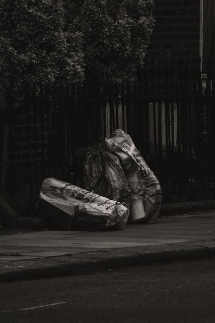 A pair of black plastic garbage bags and a cardboard box, both appearing wrinkled and slightly torn, are placed on a paved sidewalk against a black metal fence with vertical bars. The bags and box are filled with assorted waste and are positioned close together on the right side of the image. In the background, there is a dense cluster of dark leafy trees, and the scene is shaded with dim, natural light, giving it a subdued appearance. The setting appears to be a residential area, with the waste awaiting collection or disposal. The overall scene aligns with the context of private rubbish removal services, such as those offered by Waste Removal Balham, and highlights an on-site clearance scenario in an outdoor urban environment.
